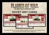Promotional image for 'Flames of War' Soviet unit cards with tank graphics and text.