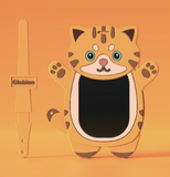 A cartoon cat-shaped oral irrigator mouthpiece set on a warm orange background, with a tall matching cleaning wand labeled Globion standing to the left.