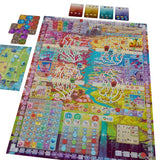 Colorful board game with various cards and pieces on a white background