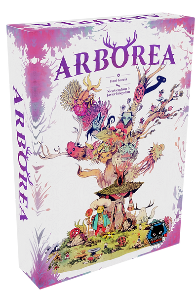 Board game box titled 'Arborea' with colorful tree design and characters on a white background