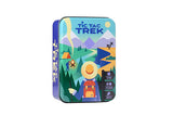 A square metal game tin for Tic Tac Trek, featuring a colorful illustrated camping scene with mountains, trees, a tent, a campfire, and a character in a hat and backpack. The front shows the title 'TIC TAC TREK' in large blue letters, and the side shows the vertical title text.