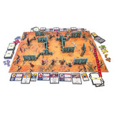 Board game setup with hexagonal tiles, figures, and cards on a white background