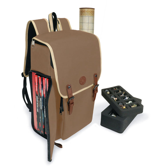 Brown backpack with red items and a black jewelry holder on a white background