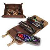 Dice tray with dice and pouches on a white background