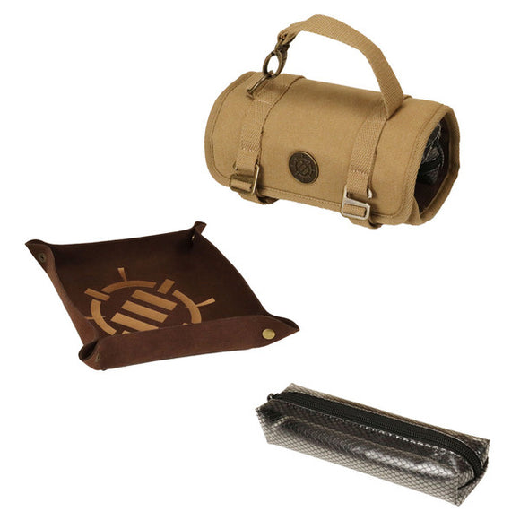 Set of brown roll-up bag, brown mat with logo, and black mesh pouch on a white background
