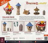 Dungeons & Lasers Village Pack with various miniature structures on a promotional background.