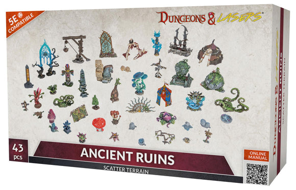 Box of Dungeons & Dragons scatter terrain set titled 'Ancient Ruins' with miniature illustrations on a beige background.