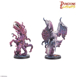 Two fantasy creature figurines on a white background with 'Dungeons & Lasers' logo.
