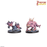 Two fantasy miniatures on stands with 'Dungeons & Lasers' logo above.