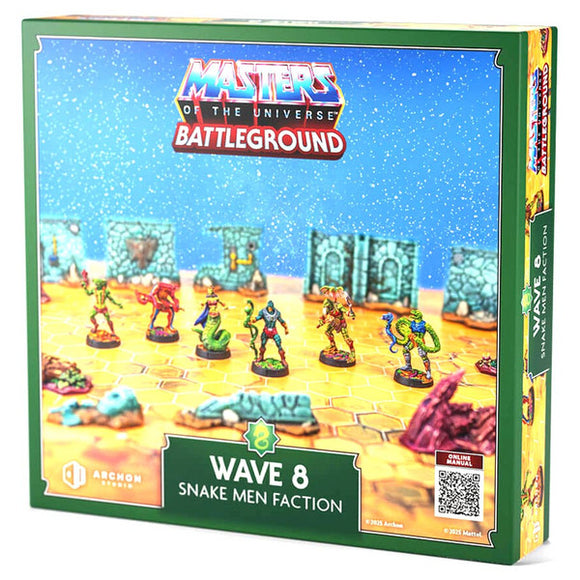 Masters of the Universe Battleground game box with figures and 'Wave 8 Snake Men Faction' text.