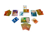 Collection of colorful trading cards on a white background