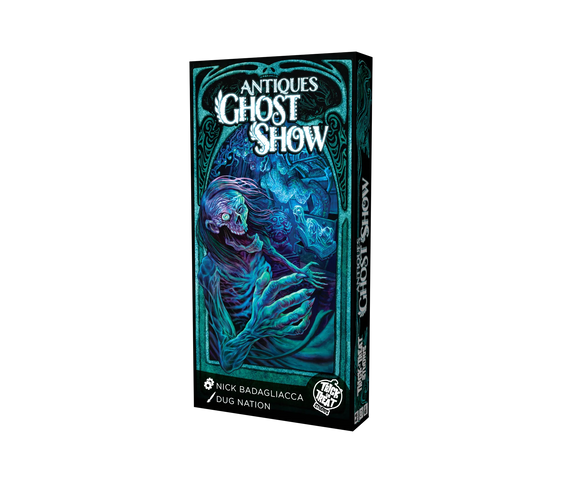 Box for 'Antiques Ghost Show' with a stylized ghost design on a white background