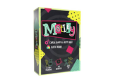 Board game box titled 'Motley' with colorful text and graphics on a white background