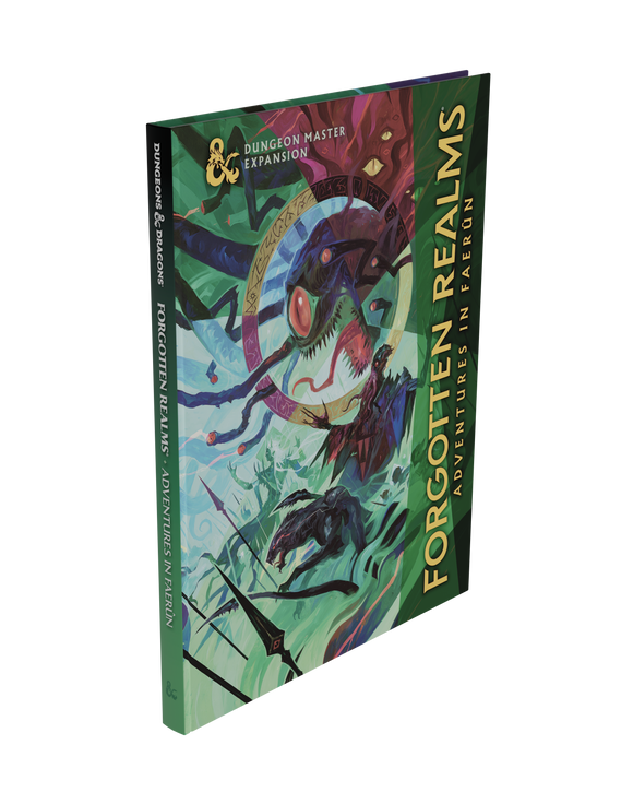 Dungeon Master's Guide with 'Forgotten Realms' cover featuring dragons and fantasy elements on a white background.