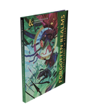 Dungeon Master's Guide with 'Forgotten Realms' cover featuring dragons and fantasy elements on a white background.