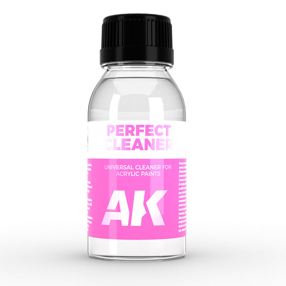 Bottle of AK Perfect Cleaner for acrylic paints with a pink label on a white background