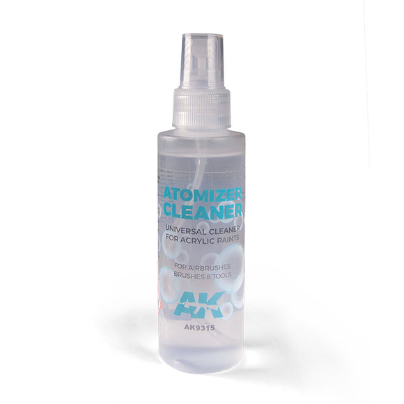 Clear spray bottle labeled 'Atomizer Cleaner' on a white background