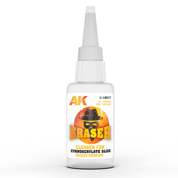 Bottle of AK Eraser cleaner for cyanoacrylate glue on a white background