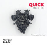 Black gas mask miniature with 'Quick Markers' branding on a white background