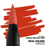 Marker with red cap and black body against a white background with red color swatch