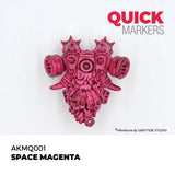 Pink gas mask miniature with 'Quick Markers' branding on a white background