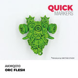 Green orc miniature with gas mask on a white background, branded 'Quick Markers'.