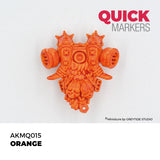 Orange gas mask miniature with 'Quick Markers' branding on a white background