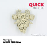 Decorative gas mask sculpture with 'Quick Markers' branding on a white background