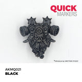 Black gas mask miniature with 'Quick Markers' branding on a white background