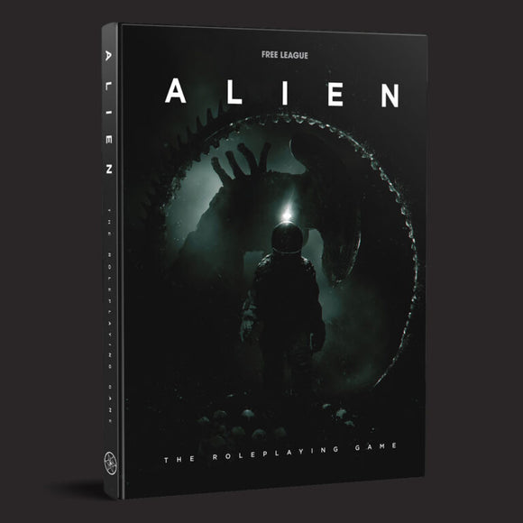 Alien roleplaying game book cover with dark background and alien hand reaching through a circular opening.