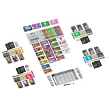 Collection of colorful board game components on a white background