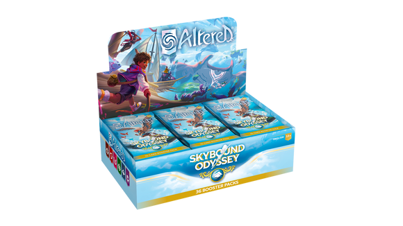 Display box of 'Altered Skybound Odyssey' trading cards on a white background