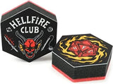 Hexagonal dice with 'Hellfire Club' branding and design on a white background