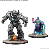 Two miniature figures on stands, one large robot-like figure and one smaller character with a colorful outfit, on a white background.