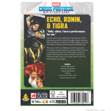 Marvel Crisis Protocol miniatures game packaging for Echo, Ronin, and Tigra with character illustrations and text.
