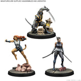 Three miniature figurines on a white background with text indicating they are unassembled and unpainted.