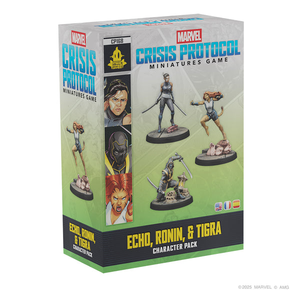 Marvel Crisis Protocol miniatures game box with Echo, Ronin, and Tigra figures on a white background