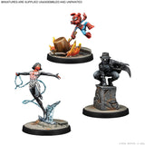 Three miniature figurines of Spider-Man, a superheroine, and a masked character on a white background.