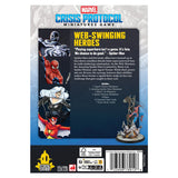 Marvel Crisis Protocol miniatures game packaging with Spider-Man and Black Cat illustrations on a blue and gray background.