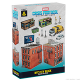 Marvel Crisis Protocol Miniatures Game 'NYC City Block' Terram Collection box, showing illustrated city buildings, vehicles, and signage on a white background.