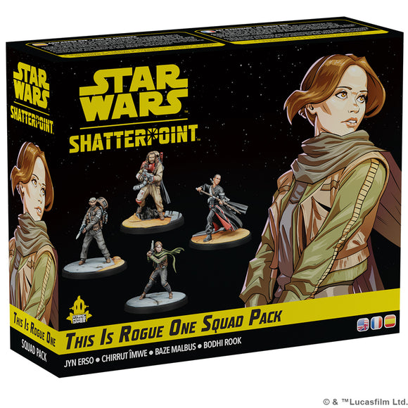Star Wars Shatterpoint Rogue One Squad Pack toy box with figures and character illustration.