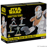 Star Wars Shatterpoint Delta Squad toy packaging with figures on a black background
