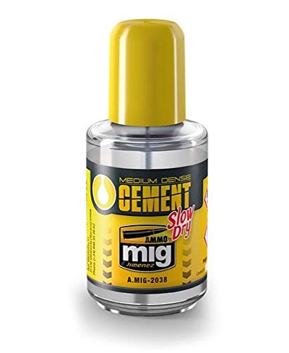 Bottle of Mig Ammo cement with yellow cap on a white background