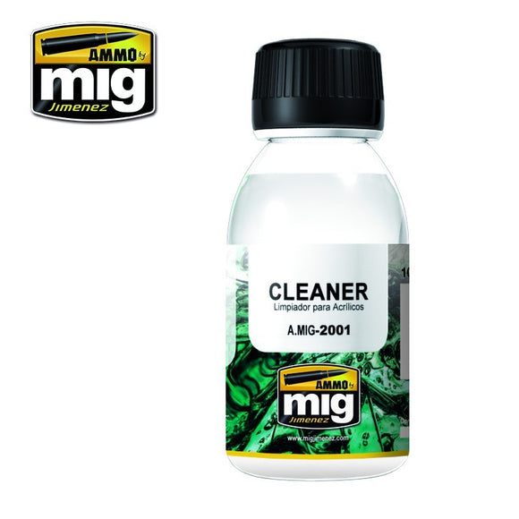 Bottle of Ammo Mig Jimenez cleaner with black cap on a white background