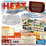 Back cover of 'Heat Legends' expansion pack for a racing game, featuring text and images of cards and cars.