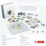 Board game packaging with components on a white background