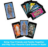 Card game with character illustrations on playing card backs, featuring a promotional text.