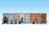 Set of miniatures and game cards on a white surface with a blue sky background