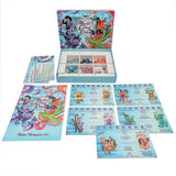 A colorful board game set titled 'Wizards of the Coast' with its open box, instruction booklet, and multiple game boards and cards arranged on a white background.
