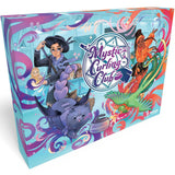 The board game box for 'Mystic Curling Club' by Aspire Games, featuring a vibrant, colorful illustration of characters and a cat on a light blue background with swirling purple and orange designs.